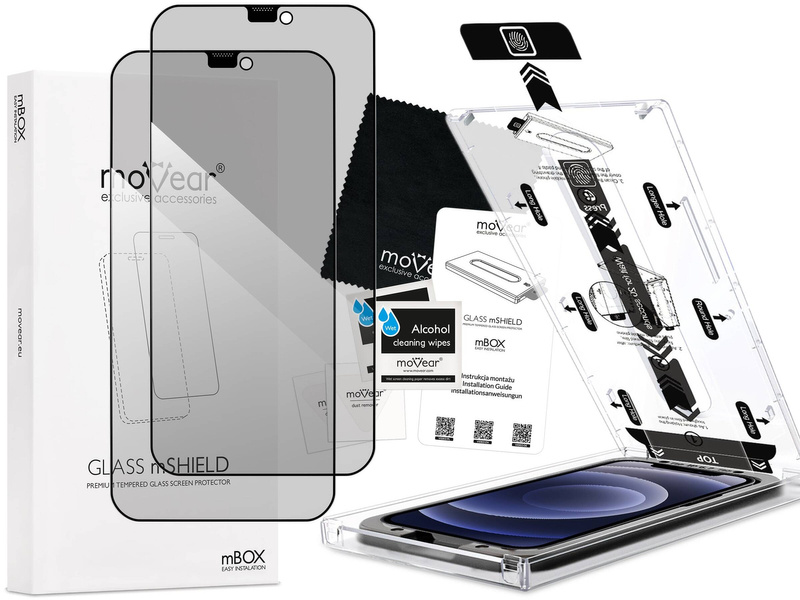 2 szt. | moVear mBOX GLASS mSHIELD 2.5D MAX privacy do Apple iPhone 12 Pro / 12 (6.1") (Anty spy, z Aplikatorem)