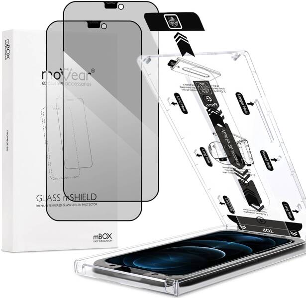 2 szt. | moVear mBOX GLASS mSHIELD 2.5D MAX privacy do Apple iPhone 12 Pro Max (6.7") (Anty spy, z Aplikatorem)