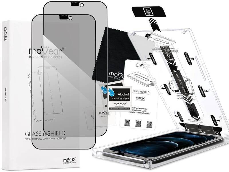 2 szt. | moVear mBOX GLASS mSHIELD 2.5D MAX privacy do Apple iPhone 12 Pro Max (6.7") (Anty spy, z Aplikatorem)