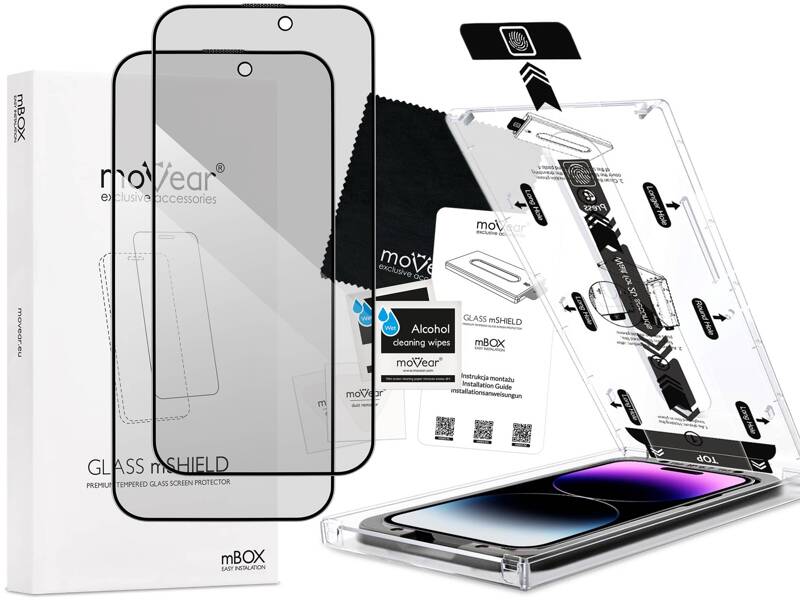 2 szt. | moVear mBOX GLASS mSHIELD 2.5D MAX privacy do Apple iPhone 14 Pro Max (6.7") (Anty spy, z Aplikatorem)