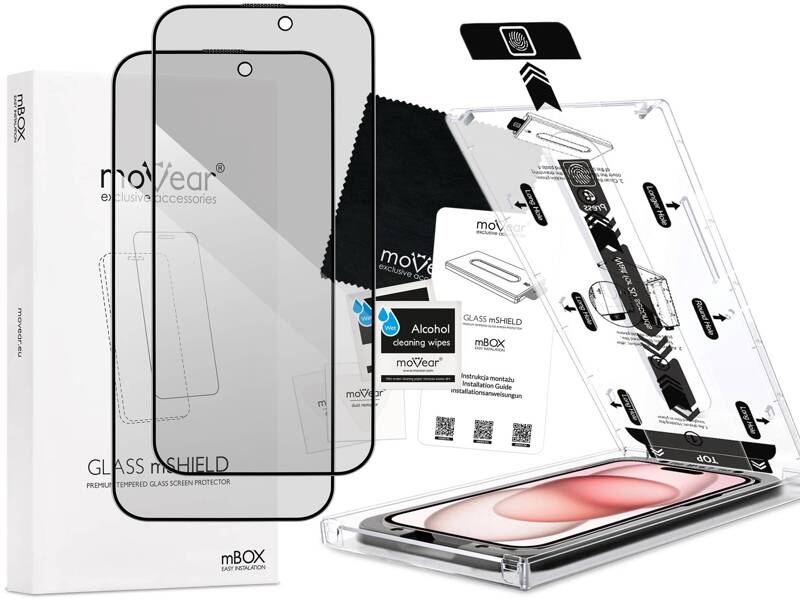 2 szt. | moVear mBOX GLASS mSHIELD 2.5D MAX privacy do Apple iPhone 16 / 15 (6,1") (Anty spy, z Aplikatorem)