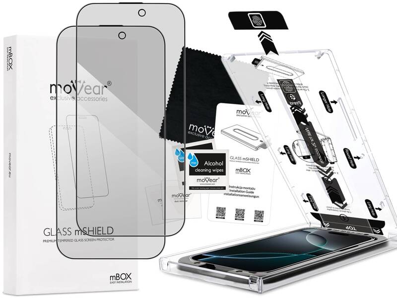 2 szt. | moVear mBOX GLASS mSHIELD 2.5D MAX privacy do Apple iPhone 16 Pro Max (6.9") (Anty spy, z Aplikatorem)