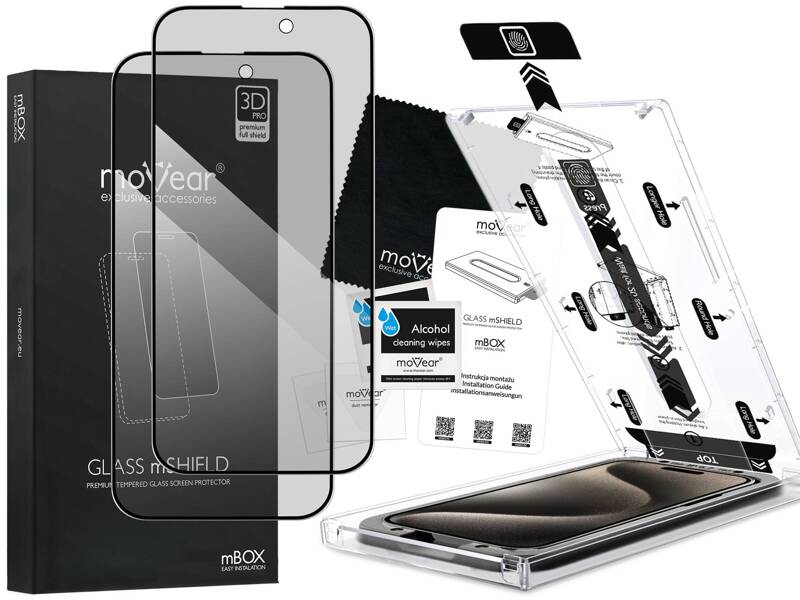 2 szt. | moVear mBOX GLASS mSHIELD 3D PRO privacy do Apple iPhone 15 Pro (6.1") (Prywatyzujące, z Aplikatorem)