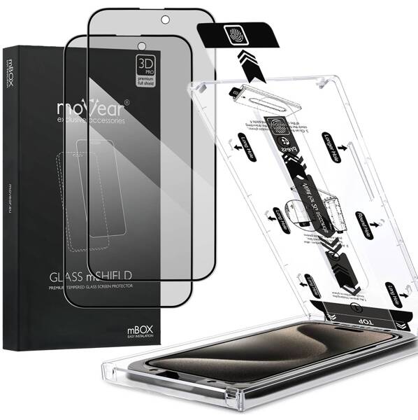 2 szt. | moVear mBOX GLASS mSHIELD 3D PRO privacy do Apple iPhone 15 Pro (6.1") (Prywatyzujące, z Aplikatorem)