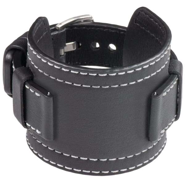 moVear Cw1 18mm Szeroki skórzany pasek do zegarka / smartwatcha | Czarny ze srebrnym przeszyciem, rozmiar S/M