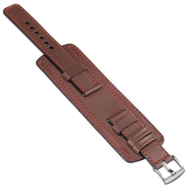moVear Cw1 20mm Szeroki skórzany pasek do zegarka / smartwatcha | Brązowy z czerwonym przeszyciem, rozmiar M/L
