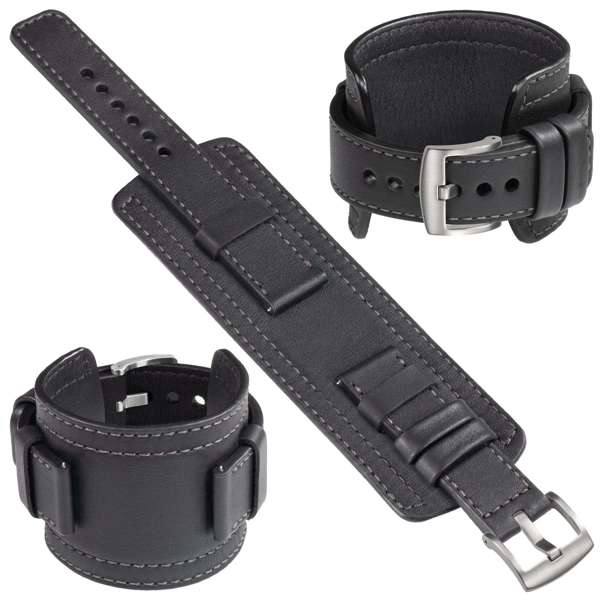 moVear Cw1 20mm Szeroki skórzany pasek do zegarka / smartwatcha | Czarny z grafitowym przeszyciem, rozmiar S/M