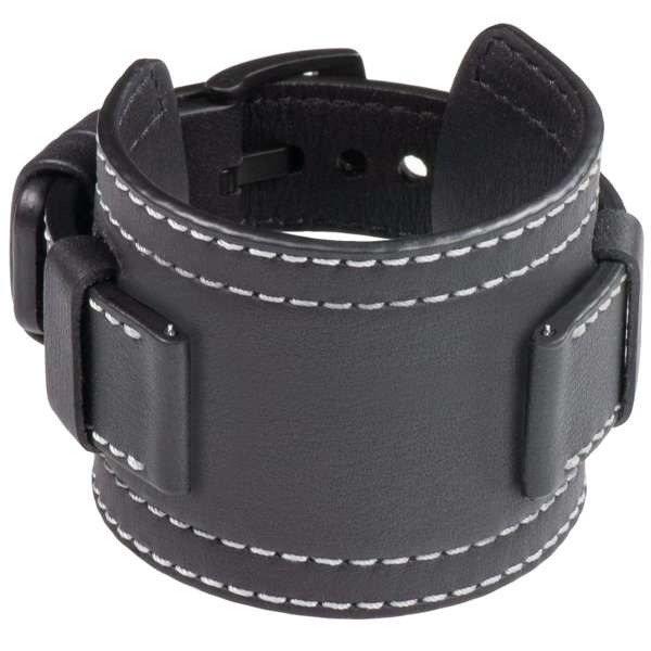 moVear Cw1 20mm Szeroki skórzany pasek do zegarka / smartwatcha | Czarny ze srebrnym przeszyciem, rozmiar S/M