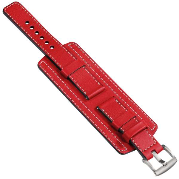 moVear Cw1 20mm Szeroki skórzany pasek do zegarka / smartwatcha | Czerwony ze srebrnym przeszyciem, rozmiar S/M