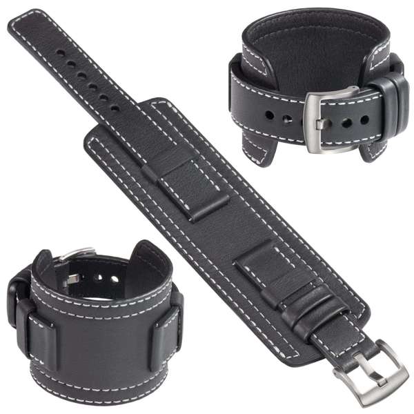 moVear Cw1 26mm Szeroki skórzany pasek do zegarka / smartwatcha | Czarny ze srebrnym przeszyciem, rozmiar S/M
