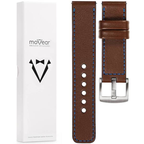 moVear Prestige C1 Skórzany pasek 18mm do zegarka | Ciemnobrązowy, niebieskie przeszycie [rozmiary XS-XXL i klamra do wyboru]