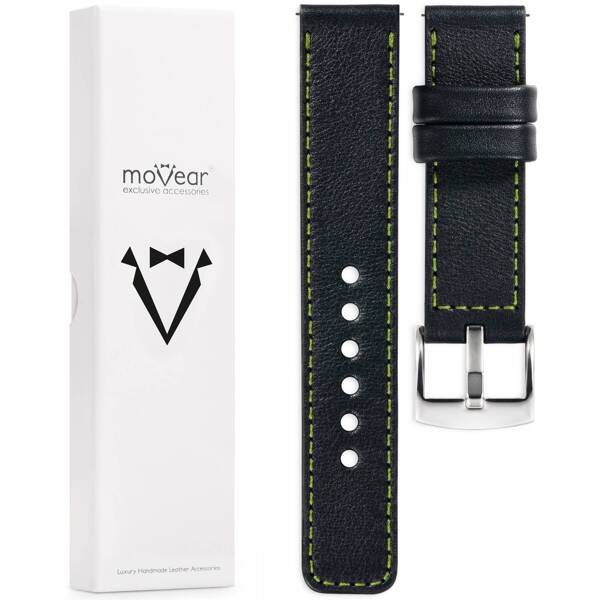 moVear Prestige C1 Skórzany pasek 18mm do zegarka | Czarny, limonkowe przeszycie [rozmiary XS-XXL i klamra do wyboru]