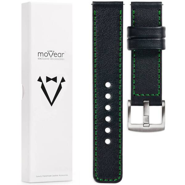 moVear Prestige C1 Skórzany pasek 18mm do zegarka | Czarny, zielone przeszycie [rozmiary XS-XXL i klamra do wyboru]