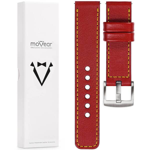 moVear Prestige C1 Skórzany pasek 18mm do zegarka | Czerwony szkarłatny, żółte przeszycie [rozmiary XS-XXL i klamra do wyboru]