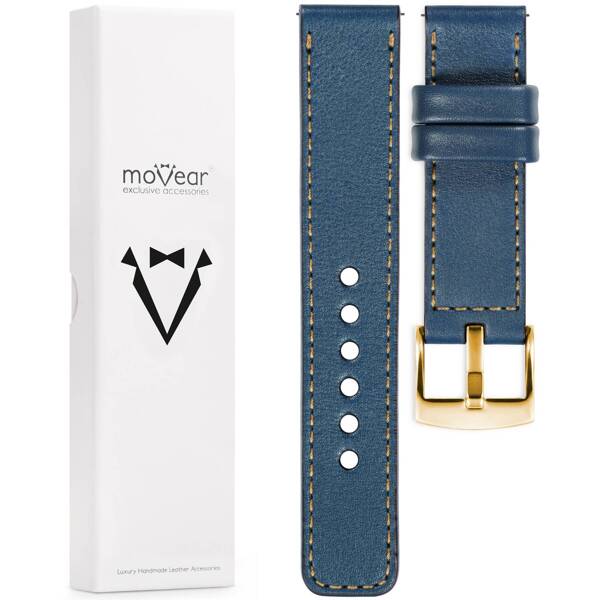 moVear Prestige C1 Skórzany pasek 18mm do zegarka | Niebieski jeans, złote przeszycie [rozmiary XS-XXL i klamra do wyboru]