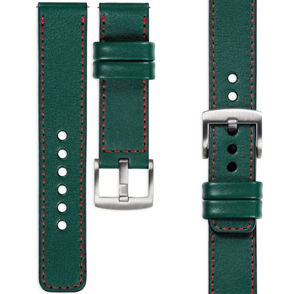 moVear Prestige C1 Skórzany pasek 18mm do zegarka | Zielony butelkowy, czerwone przeszycie [rozmiary XS-XXL i klamra do wyboru]