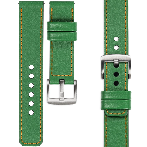 moVear Prestige C1 Skórzany pasek 18mm do zegarka | Zielony, pomarańczowe przeszycie [rozmiar i klamra do wyboru]