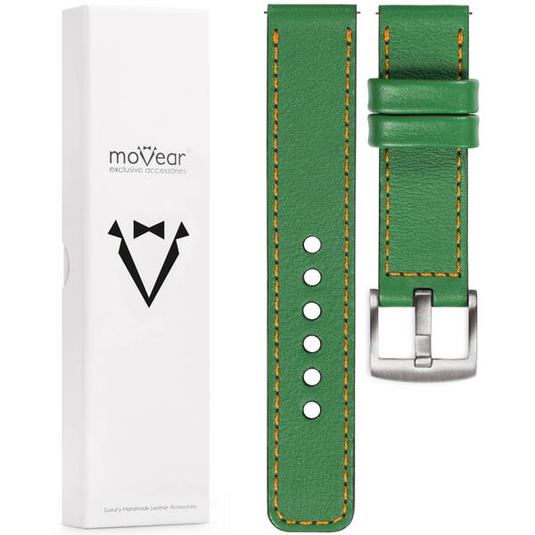 moVear Prestige C1 Skórzany pasek 18mm do zegarka | Zielony, pomarańczowe przeszycie [rozmiary XS-XXL i klamra do wyboru]