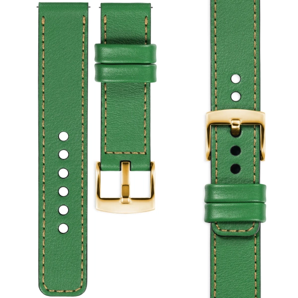 moVear Prestige C1 Skórzany pasek 18mm do zegarka | Zielony, złote przeszycie [rozmiar i klamra do wyboru]