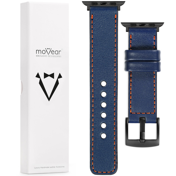 moVear Prestige C1 Skórzany pasek 20mm do Apple Watch 10 / 9 / 8 / 7 / 6 / 5 / 4 / SE (42/41/40mm) | Granatowy, ciemnopomarańczowe przeszycie [rozmiary XS-XXL i klamra do wyboru]