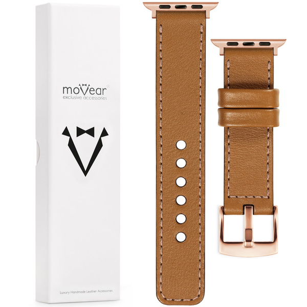 moVear Prestige C1 Skórzany pasek 20mm do Apple Watch 10 / 9 / 8 / 7 / 6 / 5 / 4 / SE (42/41/40mm) | Jasnobrązowy, różowe złoto przeszycie [rozmiary XS-XXL i klamra do wyboru]