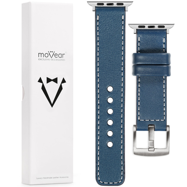 moVear Prestige C1 Skórzany pasek 20mm do Apple Watch 10 / 9 / 8 / 7 / 6 / 5 / 4 / SE (42/41/40mm) | Niebieski jeans, białe przeszycie [rozmiary XS-XXL i klamra do wyboru]