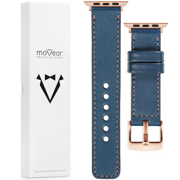 moVear Prestige C1 Skórzany pasek 20mm do Apple Watch 10 / 9 / 8 / 7 / 6 / 5 / 4 / SE (42/41/40mm) | Niebieski jeans, różowe złoto przeszycie [rozmiary XS-XXL i klamra do wyboru]