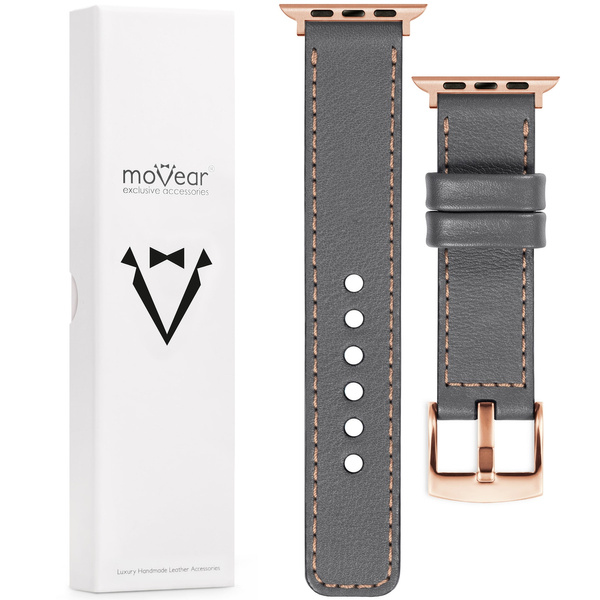 moVear Prestige C1 Skórzany pasek 20mm do Apple Watch 10 / 9 / 8 / 7 / 6 / 5 / 4 / SE (42/41/40mm) | Szary, różowe złoto przeszycie [rozmiary XS-XXL i klamra do wyboru]