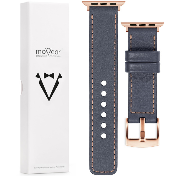 moVear Prestige C1 Skórzany pasek 20mm do Apple Watch 10 / 9 / 8 / 7 / 6 / 5 / 4 / SE (42/41/40mm) | Szary stalowy, różowe złoto przeszycie [rozmiary XS-XXL i klamra do wyboru]