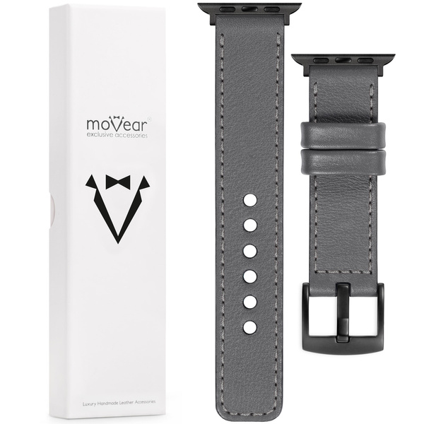 moVear Prestige C1 Skórzany pasek 20mm do Apple Watch 10 / 9 / 8 / 7 / 6 / 5 / 4 / SE (42/41/40mm) | Szary, szare przeszycie [rozmiary XS-XXL i klamra do wyboru]