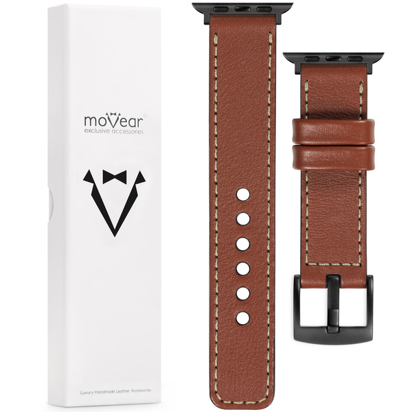 moVear Prestige C1 Skórzany pasek 20mm do Apple Watch 10 / 9 / 8 / 7 / 6 / 5 / 4 / SE (46/45/44mm) & Ultra (49mm) | Brązowy, kremowe przeszycie [rozmiary XS-XXL i klamra do wyboru]