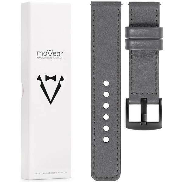 moVear Prestige C1 Skórzany pasek 20mm do Garmin Vivoactive 5/3, Vivomove 3, Venu 2 | Szary, grafitowe przeszycie [rozmiary XS-XXL i klamra do wyboru]