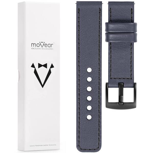 moVear Prestige C1 Skórzany pasek 20mm do Huawei Watch GT 3 2 1 (42mm) / GT 3 Pro (43mm) | Szary stalowy, czarne przeszycie [rozmiary XS-XXL i klamra do wyboru]