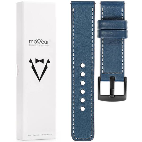 moVear Prestige C1 Skórzany pasek 20mm do Samsung Galaxy Watch 7 / 6 / 5 / 4 / 3 & Pro / FE / Classic / Active | Niebieski jeans, białe przeszycie [rozmiary XS-XXL i klamra do wyboru]