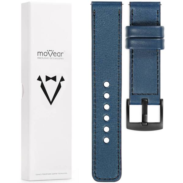 moVear Prestige C1 Skórzany pasek 20mm do Samsung Galaxy Watch 7 / 6 / 5 / 4 / 3 & Pro / FE / Classic / Active | Niebieski jeans, czarne przeszycie [rozmiary XS-XXL i klamra do wyboru]