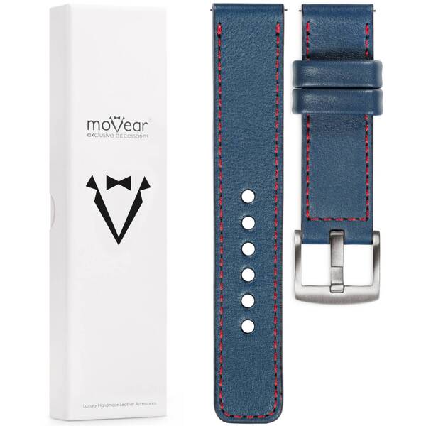 moVear Prestige C1 Skórzany pasek 20mm do Samsung Galaxy Watch 7 / 6 / 5 / 4 / 3 & Pro / FE / Classic / Active | Niebieski jeans, czerwone przeszycie [rozmiary XS-XXL i klamra do wyboru]