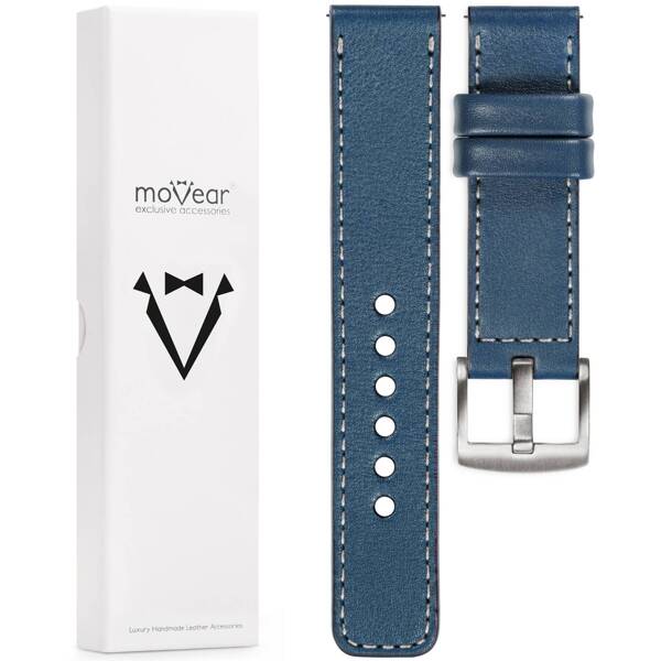 moVear Prestige C1 Skórzany pasek 20mm do Samsung Galaxy Watch 7 / 6 / 5 / 4 / 3 & Pro / FE / Classic / Active | Niebieski jeans, srebrne przeszycie [rozmiary XS-XXL i klamra do wyboru]