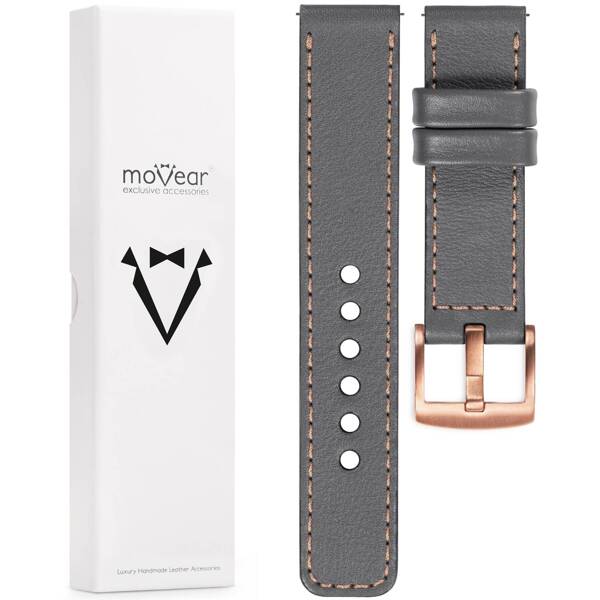 moVear Prestige C1 Skórzany pasek 20mm do Samsung Galaxy Watch 7 / 6 / 5 / 4 / 3 & Pro / FE / Classic / Active | Szary, różowe złoto przeszycie [rozmiary XS-XXL i klamra do wyboru]