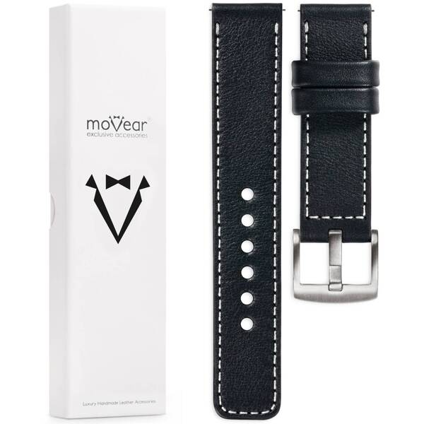 moVear Prestige C1 Skórzany pasek 20mm do zegarka | Czarny, białe przeszycie [rozmiary XS-XXL i klamra do wyboru]