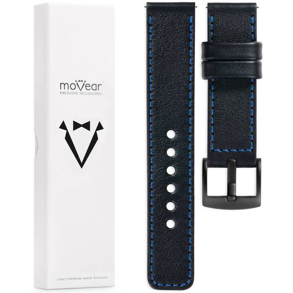 moVear Prestige C1 Skórzany pasek 20mm do zegarka | Czarny, niebieskie przeszycie [rozmiary XS-XXL i klamra do wyboru]