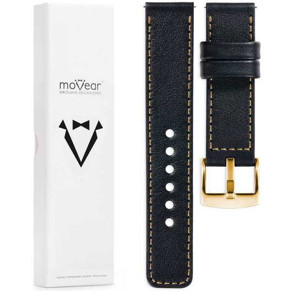 moVear Prestige C1 Skórzany pasek 20mm do zegarka | Czarny, złote przeszycie [rozmiary XS-XXL i klamra do wyboru]