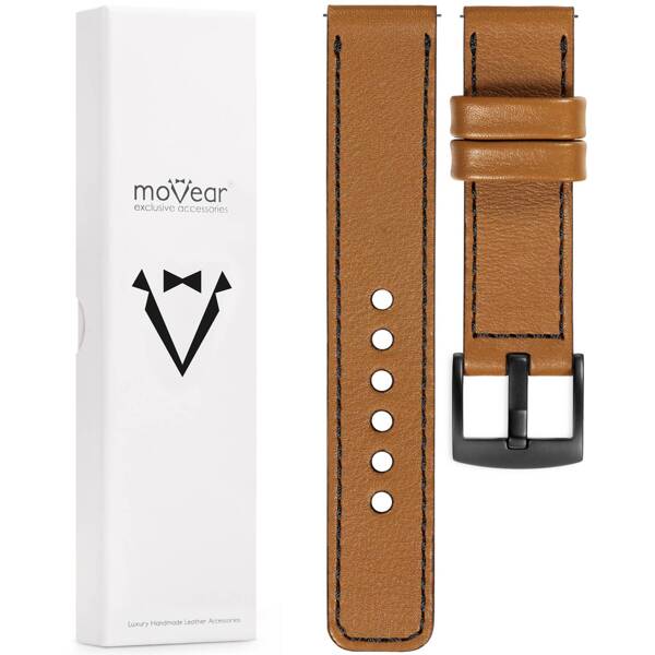 moVear Prestige C1 Skórzany pasek 20mm do zegarka | Jasnobrązowy, czarne przeszycie [rozmiary XS-XXL i klamra do wyboru]