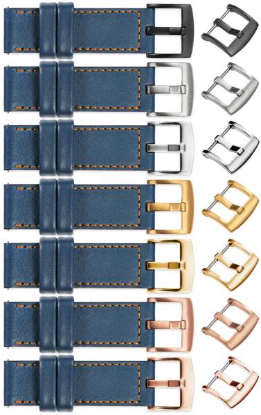 moVear Prestige C1 Skórzany pasek 20mm do zegarka | Niebieski jeans, pomarańczowe przeszycie [rozmiary XS-XXL i klamra do wyboru]