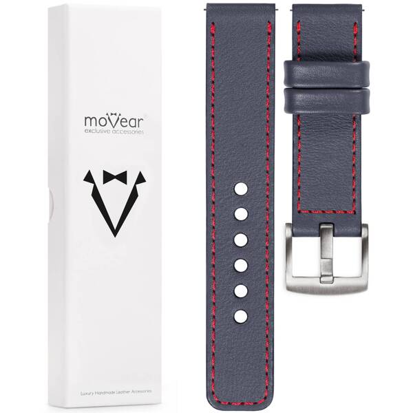 moVear Prestige C1 Skórzany pasek 20mm do zegarka | Szary stalowy, czerwone przeszycie [rozmiary XS-XXL i klamra do wyboru]