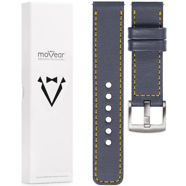 moVear Prestige C1 Skórzany pasek 20mm do zegarka | Szary stalowy, żółte przeszycie [rozmiary XS-XXL i klamra do wyboru]