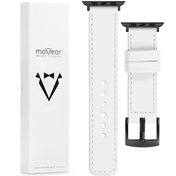 moVear Prestige C1 Skórzany pasek 22mm do Apple Watch 10 / 9 / 8 / 7 / 6 / 5 / 4 / SE (42/41/40mm) | Biały, białe przeszycie [rozmiary XS-XXL i klamra do wyboru]