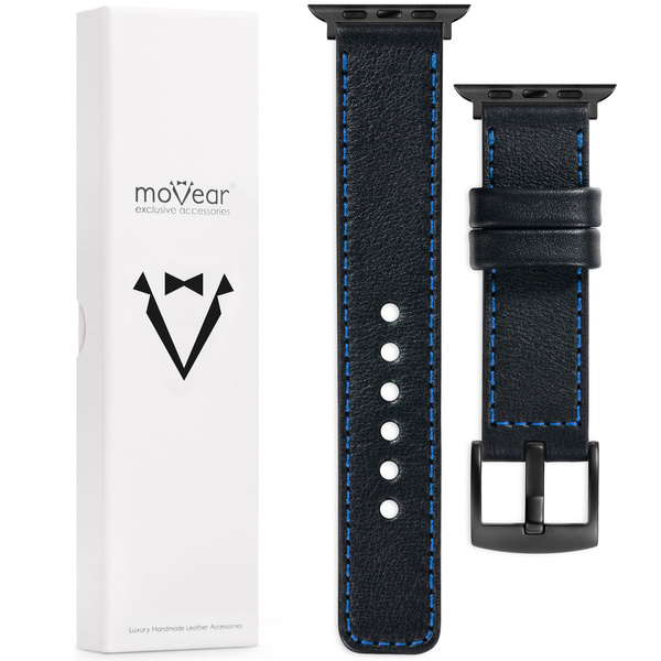 moVear Prestige C1 Skórzany pasek 22mm do Apple Watch 10 / 9 / 8 / 7 / 6 / 5 / 4 / SE (42/41/40mm) | Czarny, niebieskie przeszycie [rozmiary XS-XXL i klamra do wyboru]