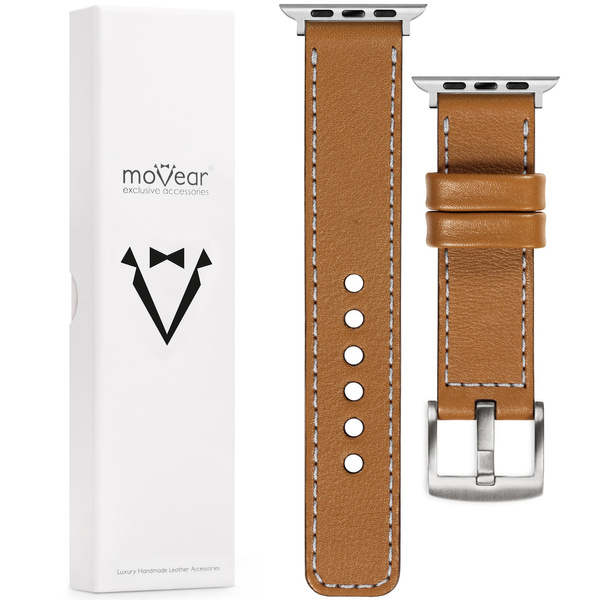 moVear Prestige C1 Skórzany pasek 22mm do Apple Watch 10 / 9 / 8 / 7 / 6 / 5 / 4 / SE (42/41/40mm) | Jasnobrązowy, srebrne przeszycie [rozmiary XS-XXL i klamra do wyboru]