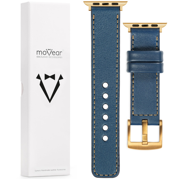 moVear Prestige C1 Skórzany pasek 22mm do Apple Watch 10 / 9 / 8 / 7 / 6 / 5 / 4 / SE (42/41/40mm) | Niebieski jeans, złote przeszycie [rozmiary XS-XXL i klamra do wyboru]