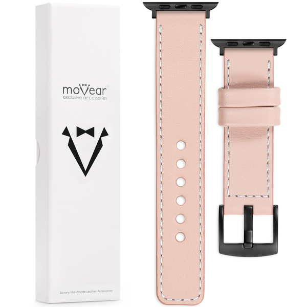 moVear Prestige C1 Skórzany pasek 22mm do Apple Watch 10 / 9 / 8 / 7 / 6 / 5 / 4 / SE (42/41/40mm) | Różowy cielisty, białe przeszycie [rozmiary XS-XXL i klamra do wyboru]